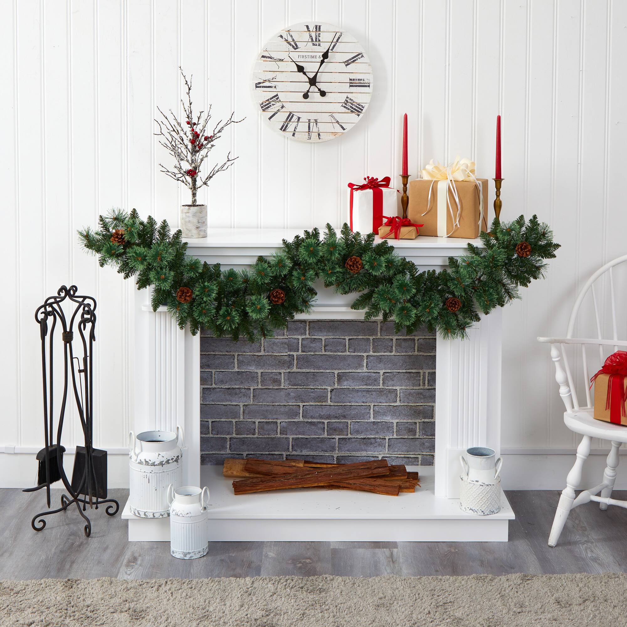 6ft. Pre-Lit White Warm LED White Mountain Pine & Pinecones Artificial Garland